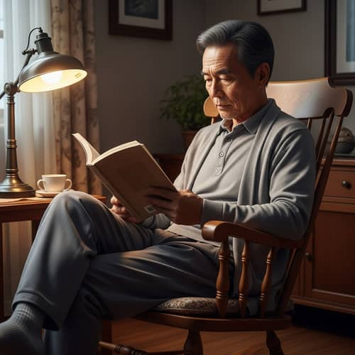 Tranquil Senior Asian Man Reading Book in Cozy Home Setting