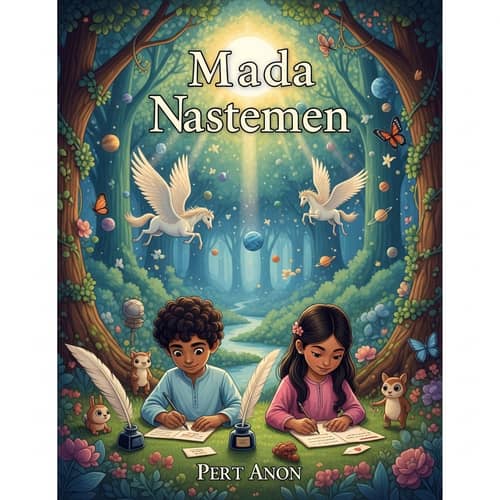 Enchanting Book Cover: Mystical Forest, Children Writing Letters, Magical Creatures