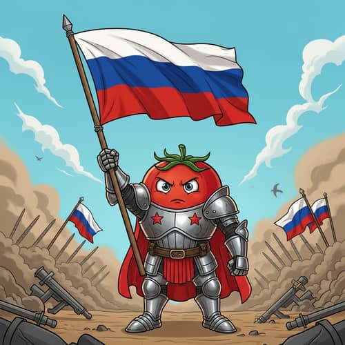 Heroic Tomato Character Waving Russian Flag in Battlefield