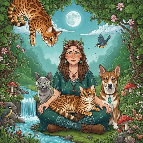Golden Bengal Cat and Shamanic Woman in Nature Setting