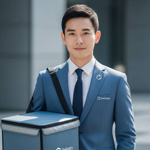 Asian Delivery Man in Blue Suit