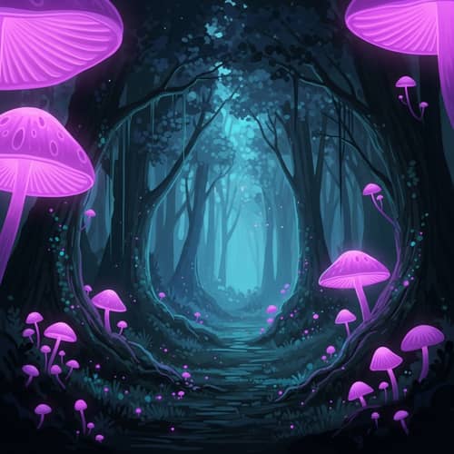 Enchanted Forest with Neon Glowing Mushrooms - Digital Painting