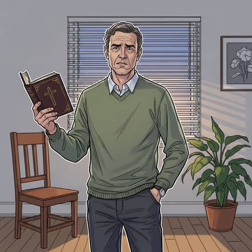 Caucasian Male Skeptical Holding Religious Book in Casual Clothing