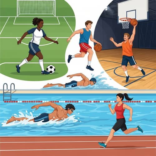 Diverse Sports Illustration - Soccer, Basketball, Swimming, Track and Field