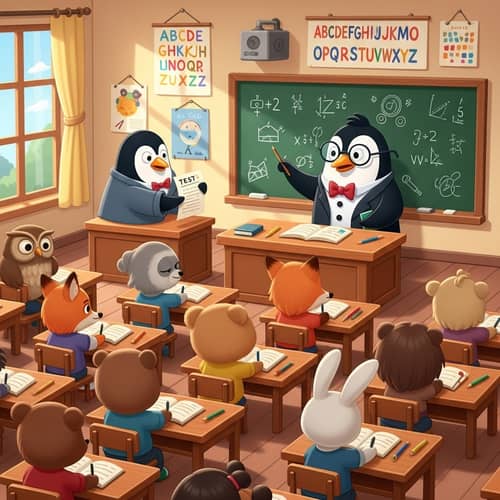 Cartoon Penguin Teacher Giving Lecture to Animal Students