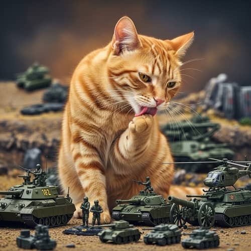 Cat Grooming Near Miniature Military Objects