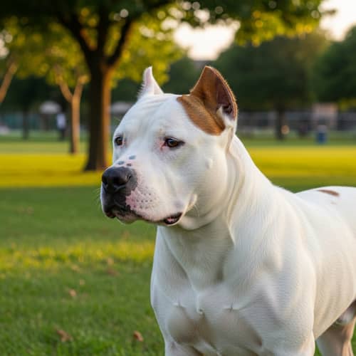 White Male Pitbull Dog with One Brown Ear