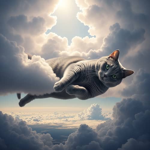 Grey Cat Floating Among Clouds