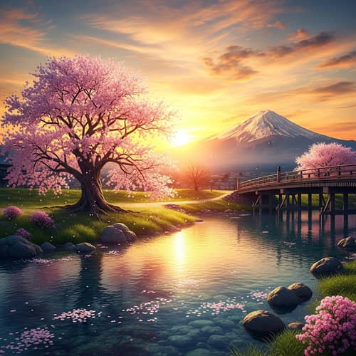 Serene Japanese Landscape Art | Sunset View of Mount Fuji