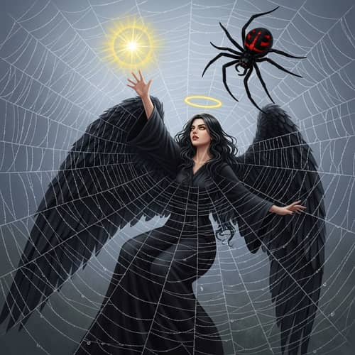 Dark Angel Reaches for Halo in Intricate Spider Web