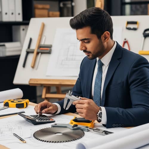 Male Engineer Calculating Saw Diameter | Drafting Desk Scene