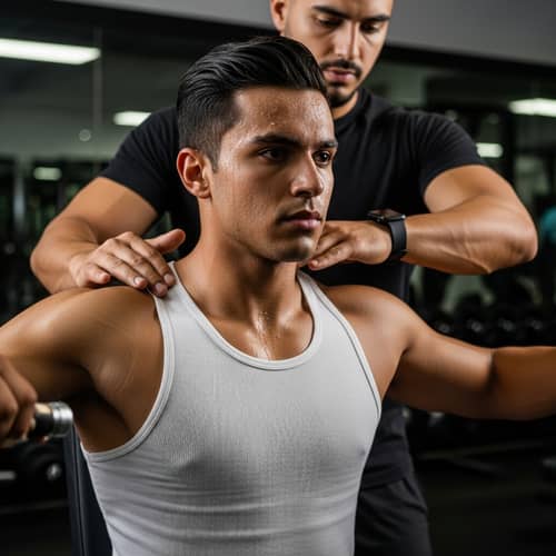 Sweating Young Man Correcting Chest Workout with Hispanic Trainer