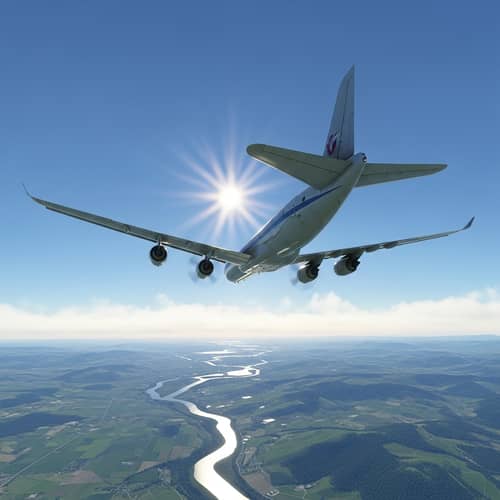 Realistic Airplane Flying High in Bright Blue Daytime Sky