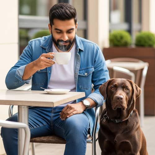 Man Enjoying Coffee with Loyal Dog at Sunny Cafe