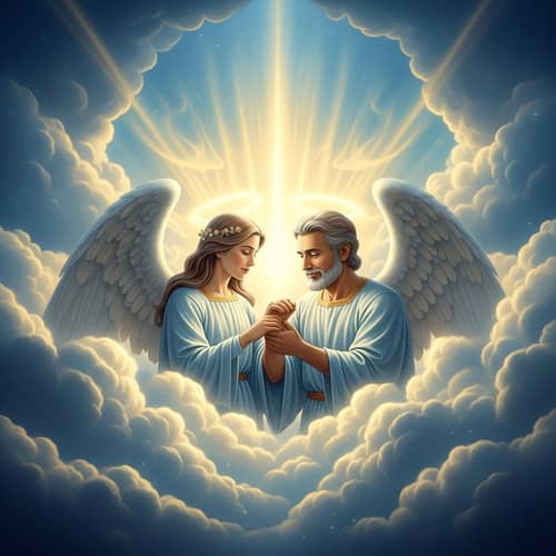 Heavenly Depiction of Loving Mother and Father in the Clouds