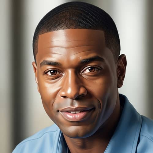 Realistic Portrait of Kindly Black Man in Casual Blue Shirt