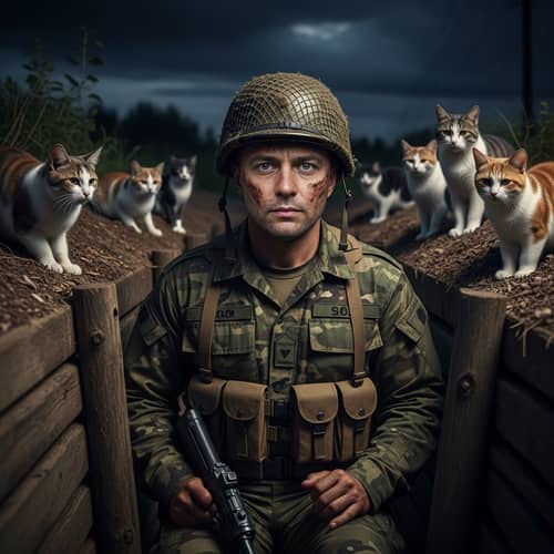Unrecognized Male Politician as Assault Soldier in Trench with Cats