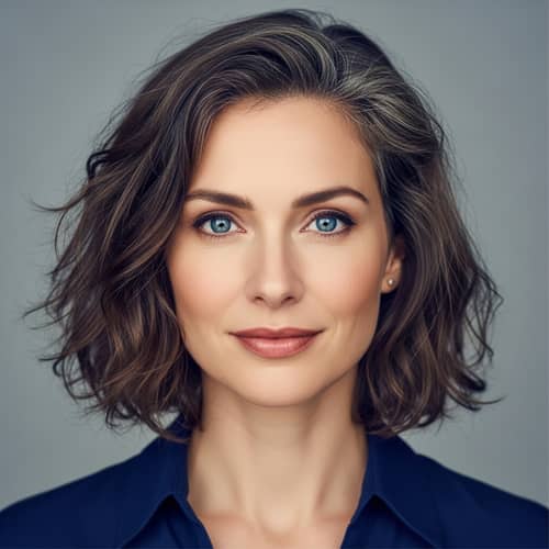 Portrait of Calm 36-Year-Old Woman with Wavy Brown Hair