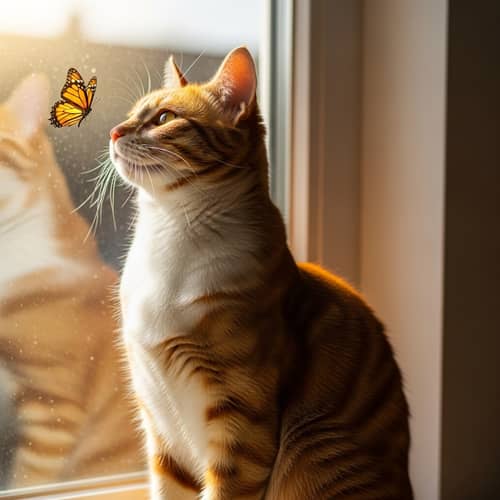 Serene Tabby Cat by the Window | Intrigued by a Butterfly