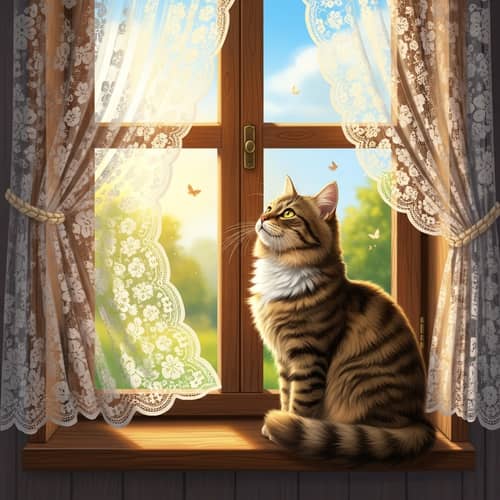Fluffy Cat Enjoying Sunlight by Rustic Window | Serene Landscape View