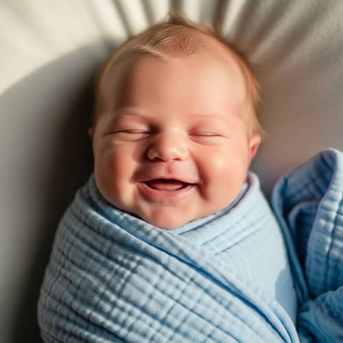 Adorable Newborn Baby Swaddled in Soft Blue Muslin Blanket