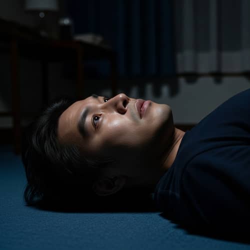 Asian Man Nighttime Floor Lying Eyes Open Room