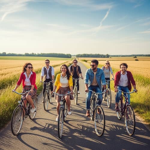 Diverse Group of Friends in Retro Attire Enjoying Vintage Bicycles