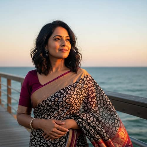 Elegant South Asian Woman in Saree at Sunset