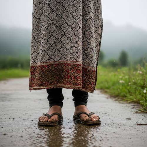South Asian Woman in Muddy Flip-Flops on Wet Pathway