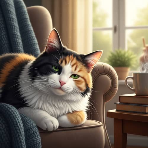 Adorable Fluffy Calico Cat Lounging Leisurely - Domestic Feline Illustration