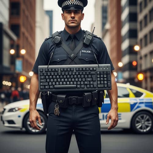 Police Officer with Keyboard: Unique Scene Art