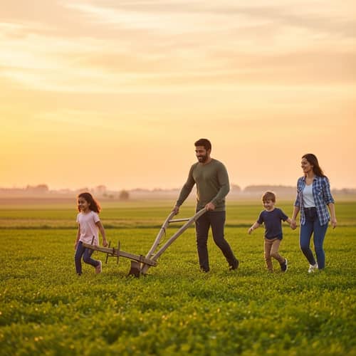 Multicultural Family Farming at Sunset