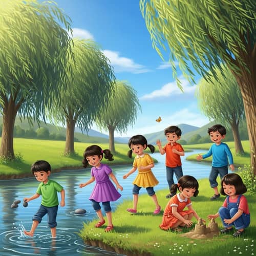 Serene South Asian Children Playing by Calm River
