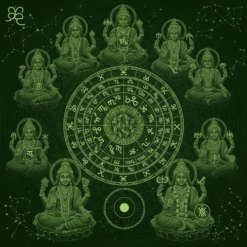 Ancient Hindu Astrology with Divine Deities in Bottle Green