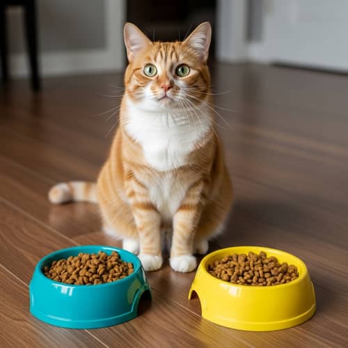 Adorable Orange and White Tabby Cat Deciding Between Teal and Yellow Bowls