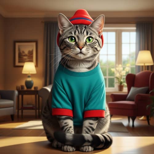 Striped Grey and Black Cat with Bright Green Eyes