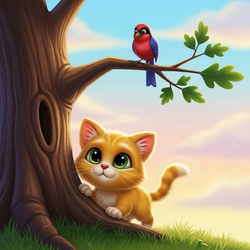 Adorable 2D Cartoon Image of Small Yellow Cat and Bird