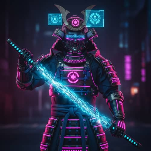 Futuristic Cyberpunk Samurai: Neon Armor & High-Tech Katana