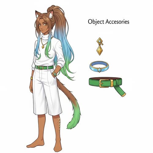 Skinny Boy Character Reference Sheet with Cat Ears and Tail