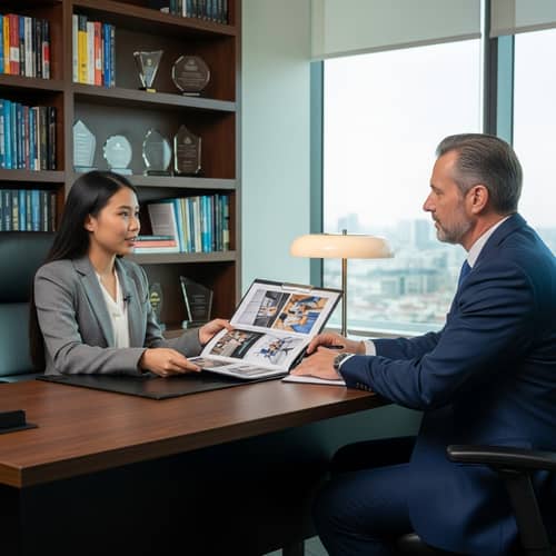 Professional Job Interview Scene with Asian Female Interviewee and Caucasian Male Interviewer