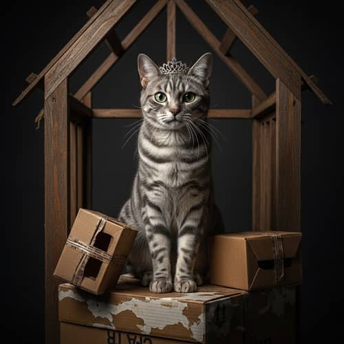 Regal Grey Striped Cat Adorned With Crown | Abandoned House Scene