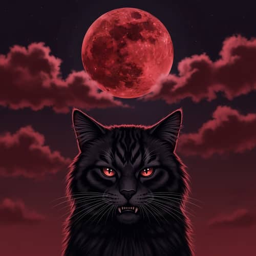 Evil Cat & Blood Moon: Malevolent Feline under Dark Red Sky