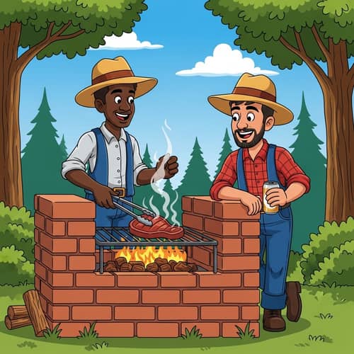 Cartoon Hillbillies Smoking Meat on Brick BBQ Pit