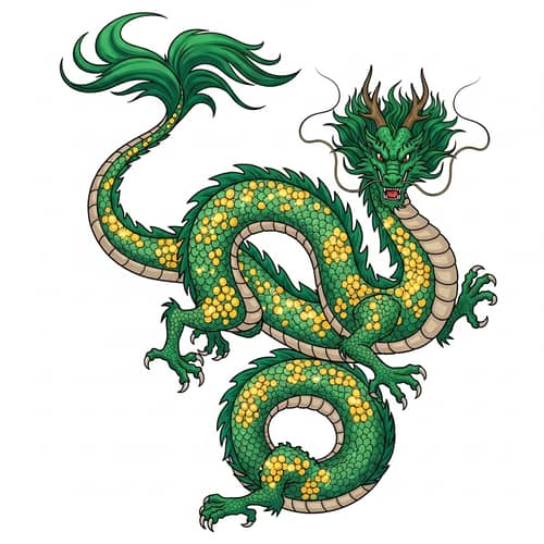 Magnificent Emerald-Green Dragon with Long Tail and Golden Coins