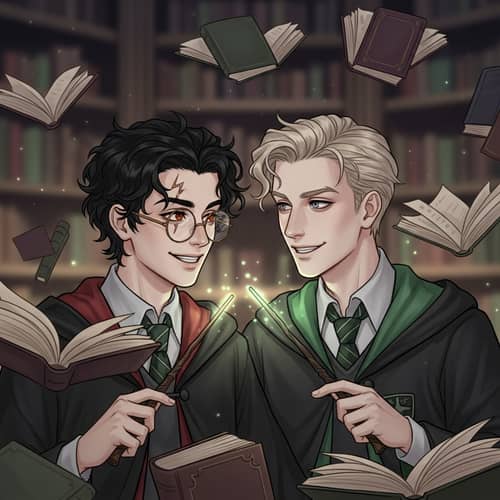 Drarry Illustration: Wizardly Camaraderie in Magical Library