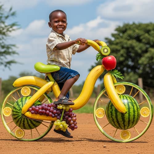 African Child with Unique Fruit Bicycle - Imaginative and Colorful