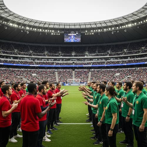 Passionate Debate Between Red and Green Groups in Stadium