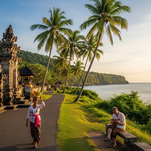 Breathtaking Bali Sunset with Balinese Temple and Locals