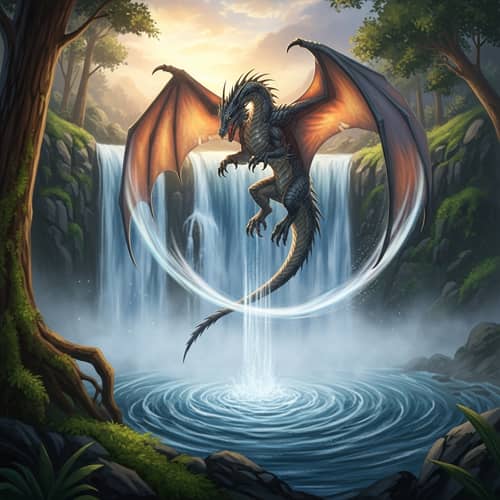 Majestic Dragon Soaring Over Cascading Waterfall