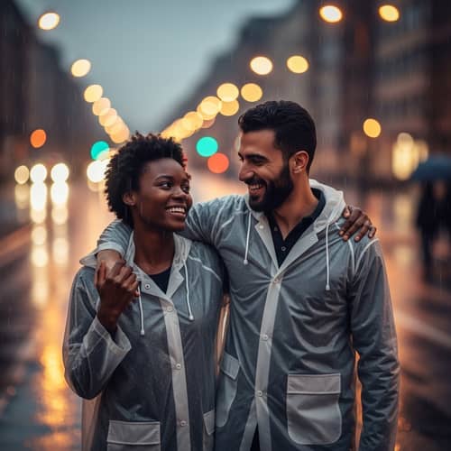 Joyful Black Woman and Middle-Eastern Man Embracing in City Rain